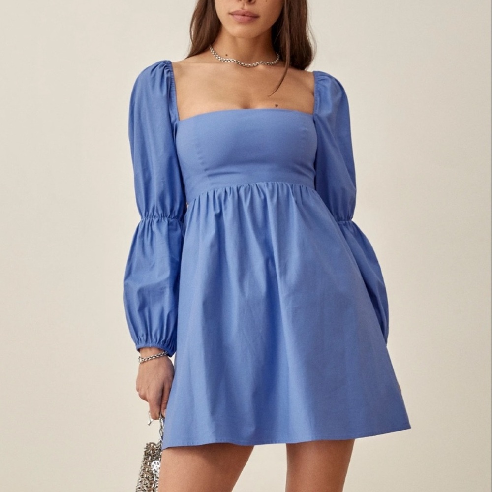 Reformation Michaela Mini Babydoll Puffed Sleeve Dress Blue Size 14